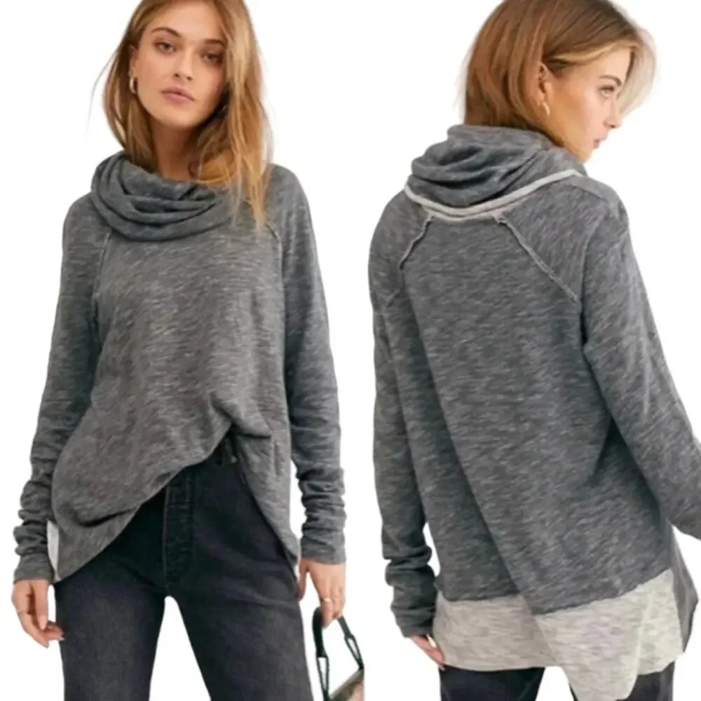 FREE PEOPLE Beach Two Tone Gray Cocoon Cowl Neck Pullover Activewear Top